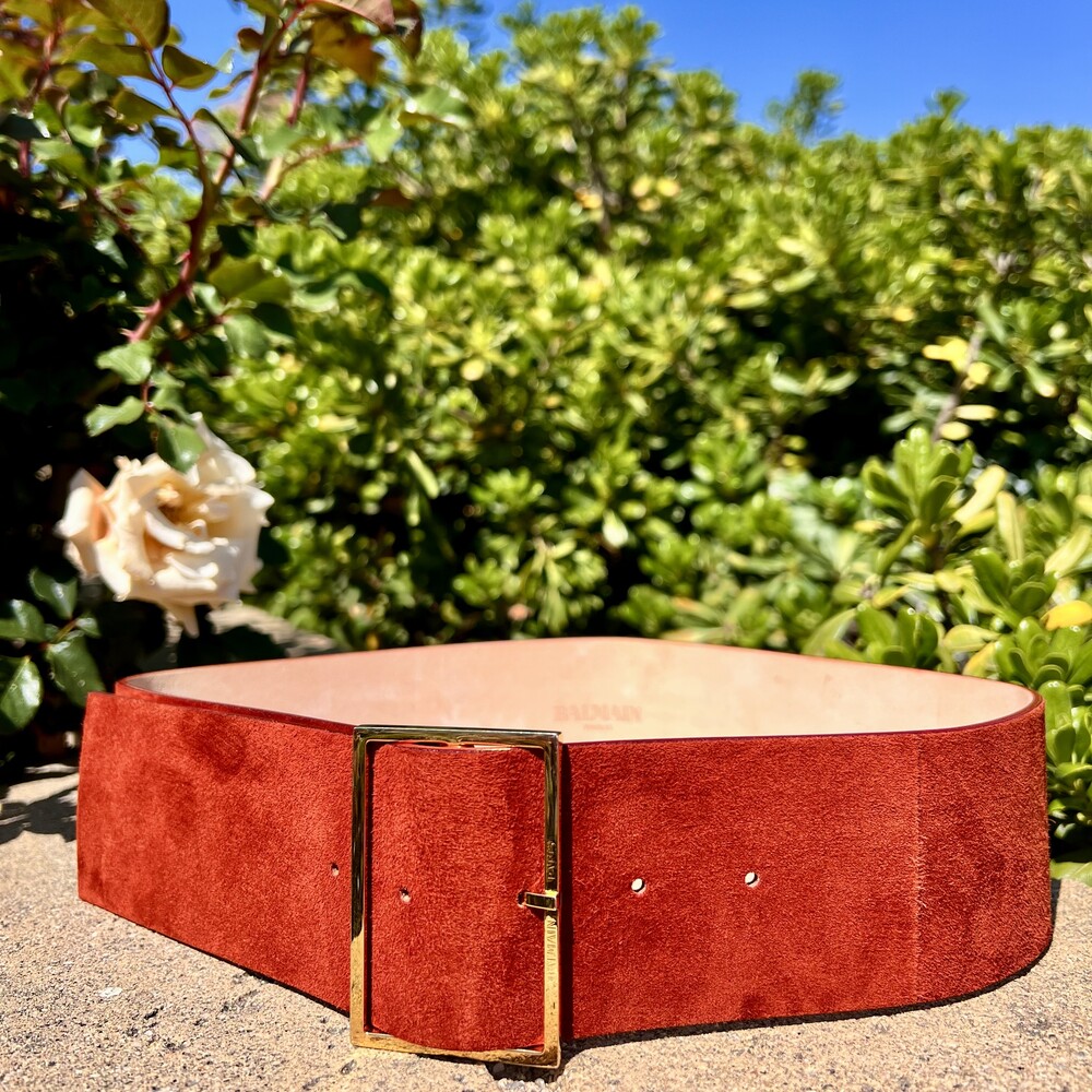 Balmain Paris Suede Leather Waist Belt Rust Red Gold Buckle Size 36 fits S NWOT - Picture 5 of 7
